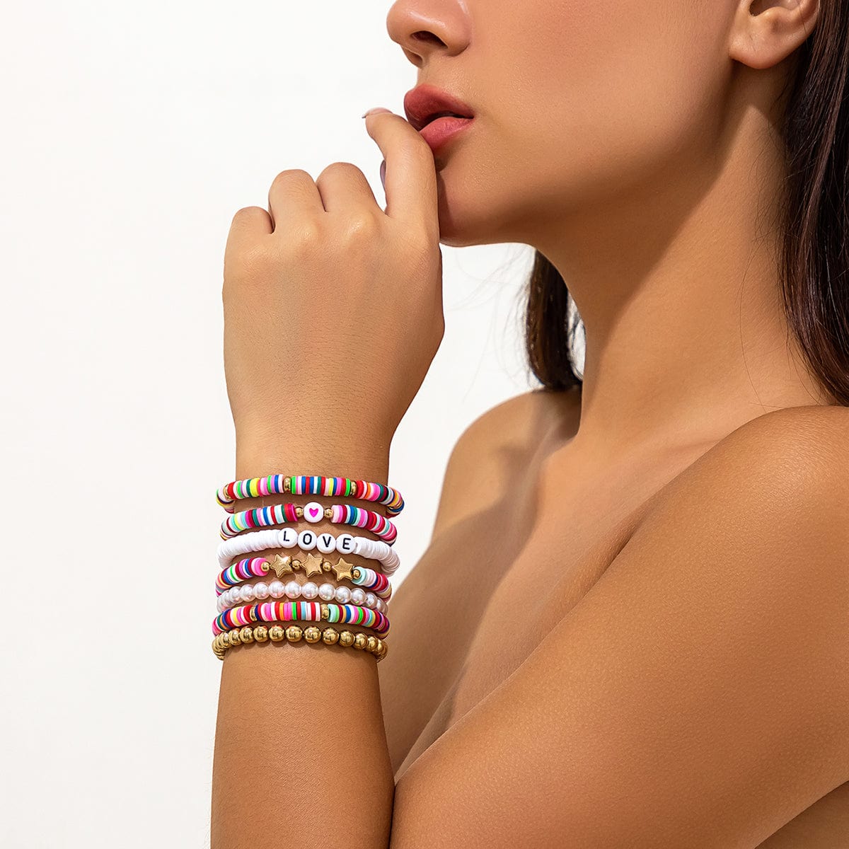 Trendy Layered Polymer Clay Star Love Pearl Chain Stackable Bracelet Set - ArtGalleryZen