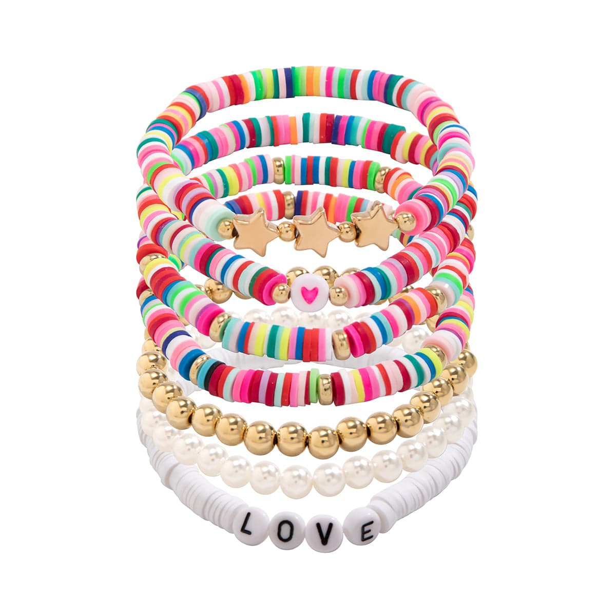 Trendy Layered Polymer Clay Star Love Pearl Chain Stackable Bracelet Set - ArtGalleryZen