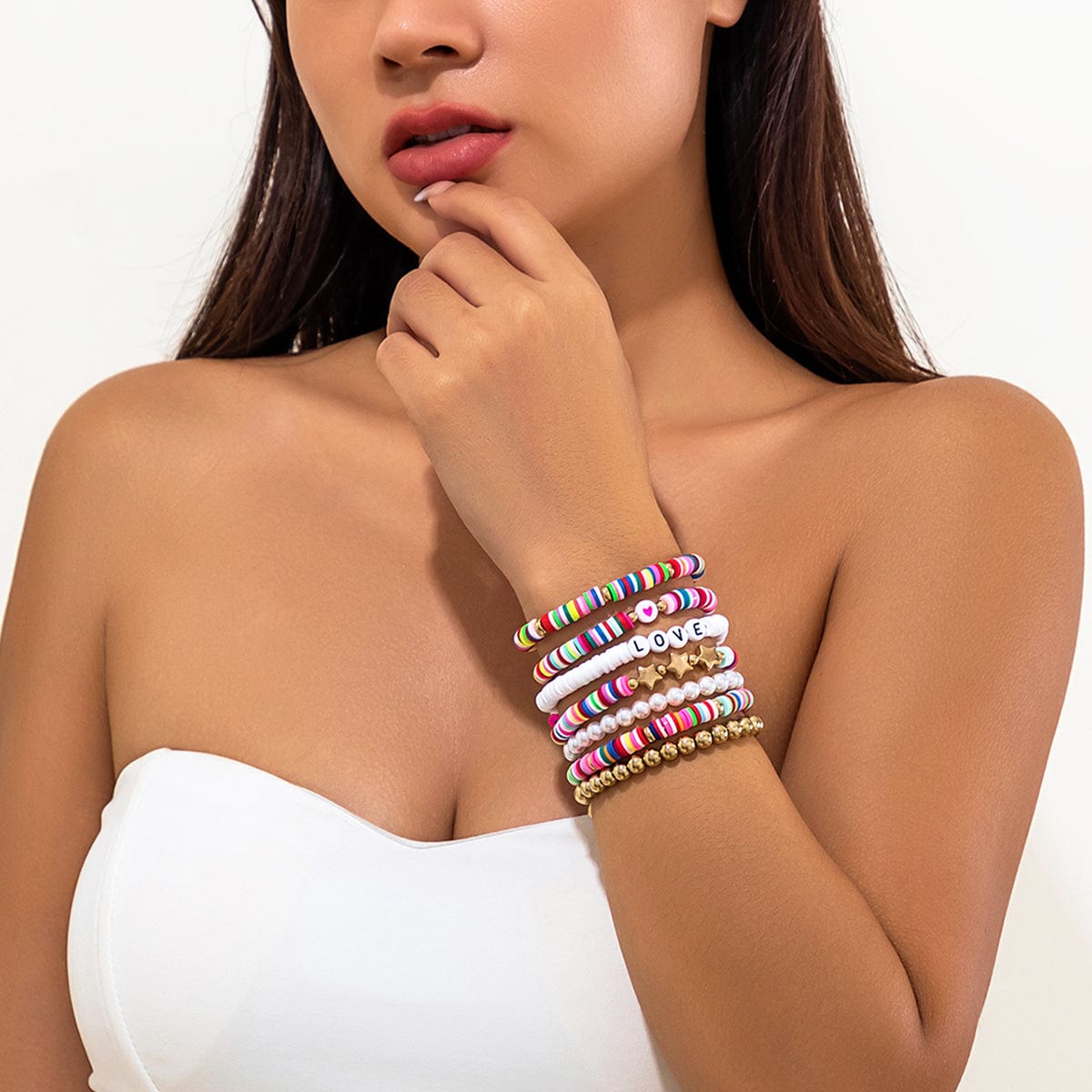 Trendy Layered Polymer Clay Star Love Pearl Chain Stackable Bracelet Set - ArtGalleryZen