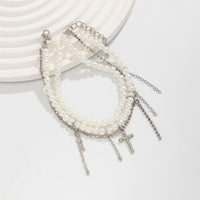 Thumbnail for Trendy Layered Rhinestone Inlaid Cross Tassel Pearl Chain Anklet - ArtGalleryZen