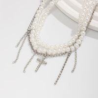 Thumbnail for Trendy Layered Rhinestone Inlaid Cross Tassel Pearl Chain Anklet - ArtGalleryZen
