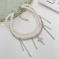 Thumbnail for Trendy Layered Rhinestone Inlaid Cross Tassel Pearl Chain Anklet - ArtGalleryZen
