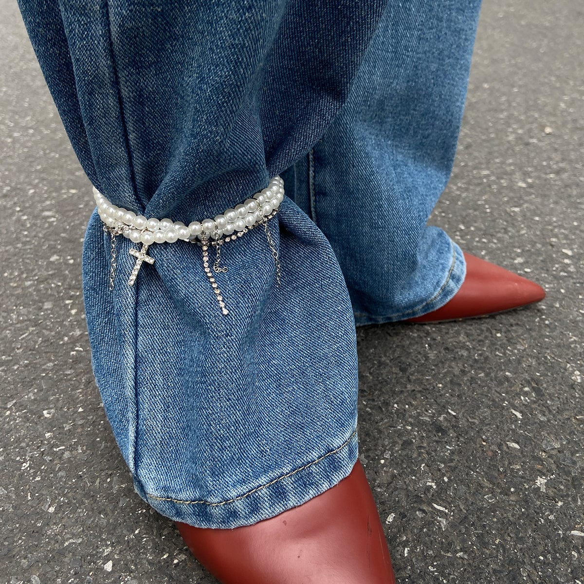 Trendy Layered Rhinestone Inlaid Cross Tassel Pearl Chain Anklet - ArtGalleryZen