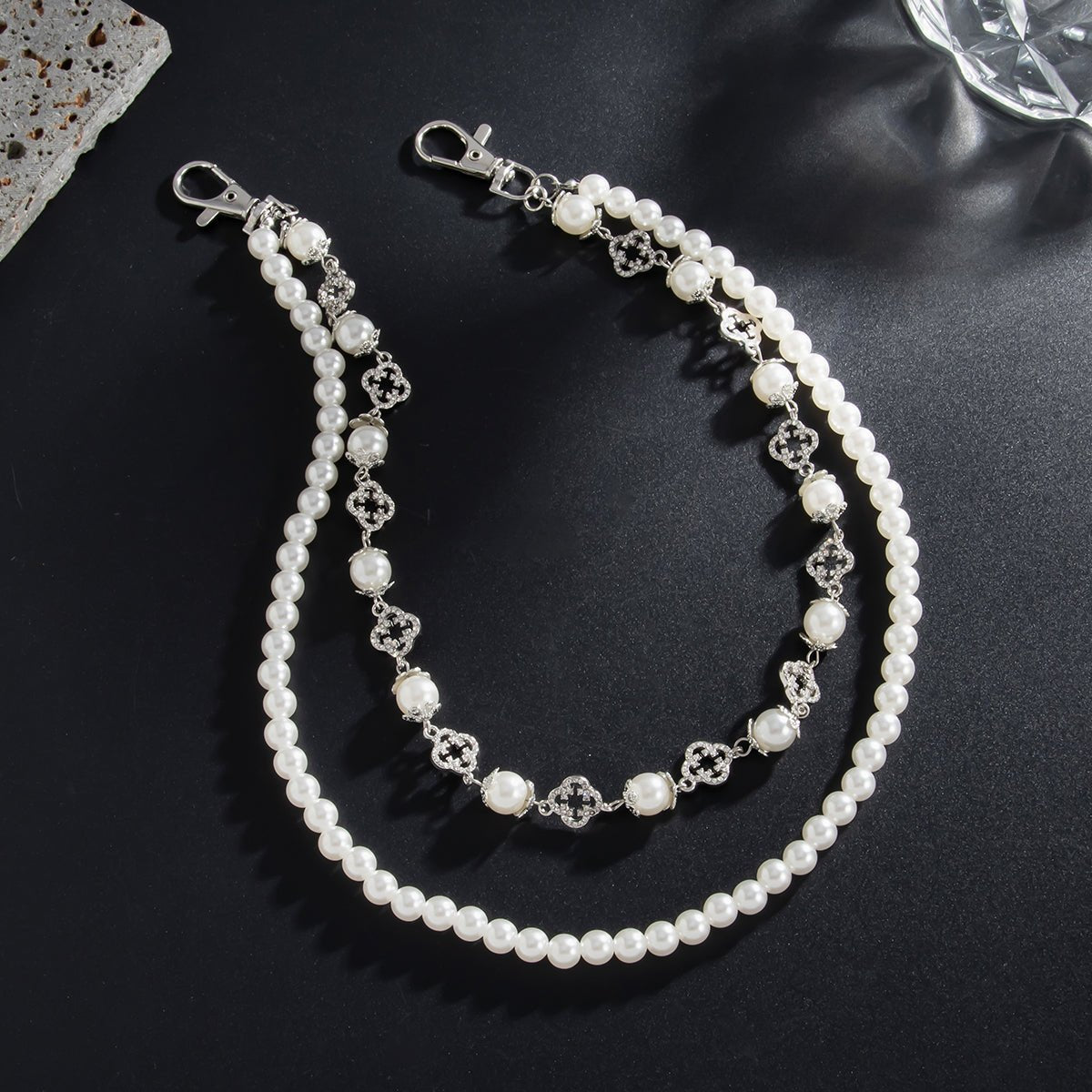 Trendy Layered Rhinestone Inlaid Lucky Clover Pearl Trouser Chain - ArtGalleryZen