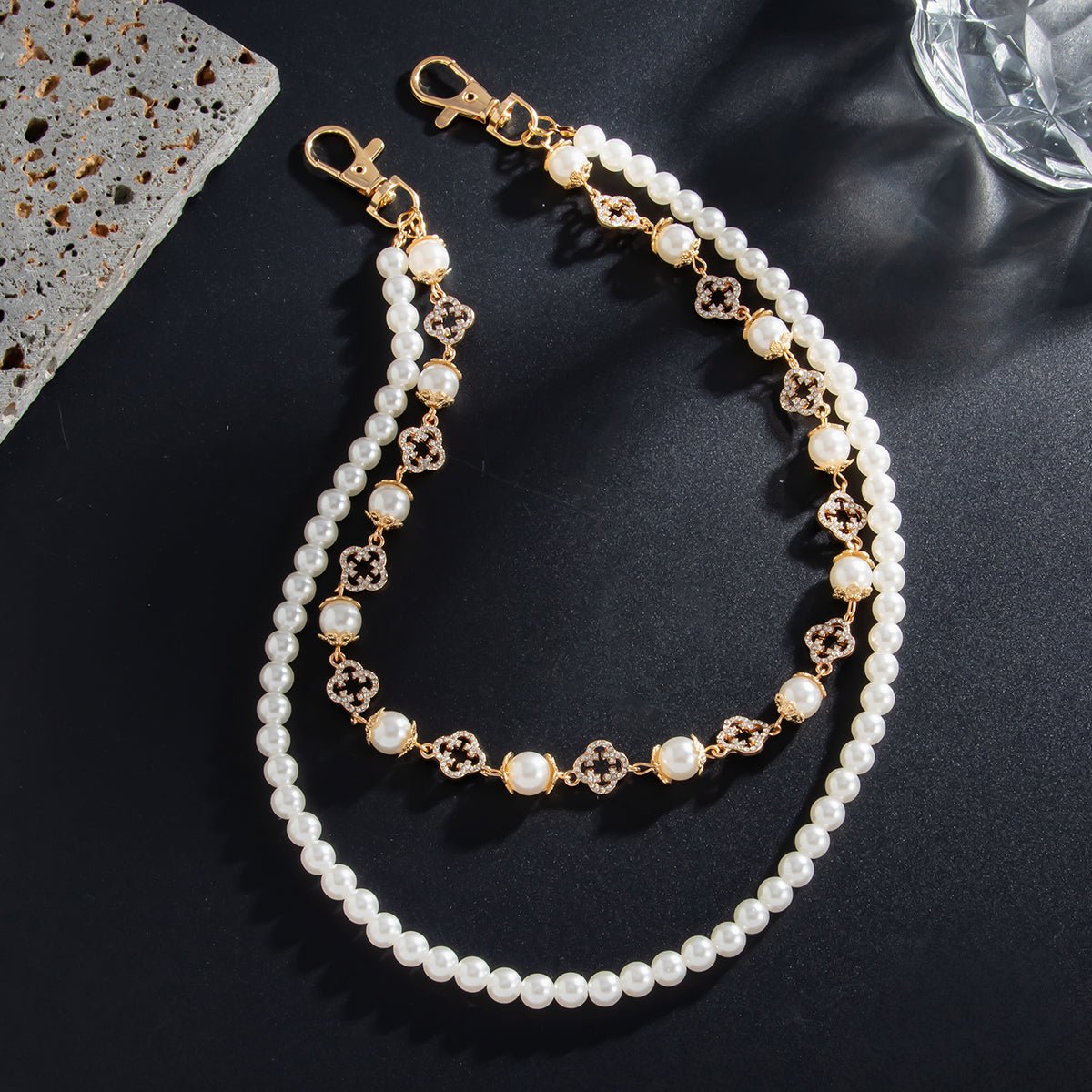 Trendy Layered Rhinestone Inlaid Lucky Clover Pearl Trouser Chain - ArtGalleryZen