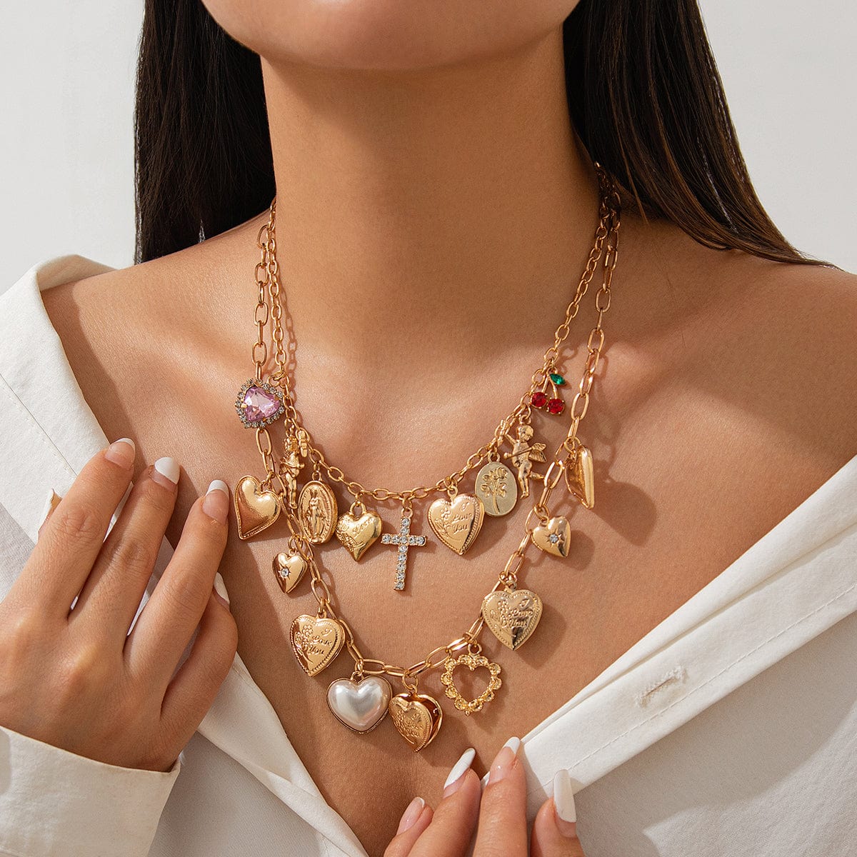 Trendy Layered Rhinestone Pearl Inlaid Heart Cross Pendant Necklace Set - ArtGalleryZen