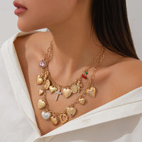 Thumbnail for Trendy Layered Rhinestone Pearl Inlaid Heart Cross Pendant Necklace Set - ArtGalleryZen