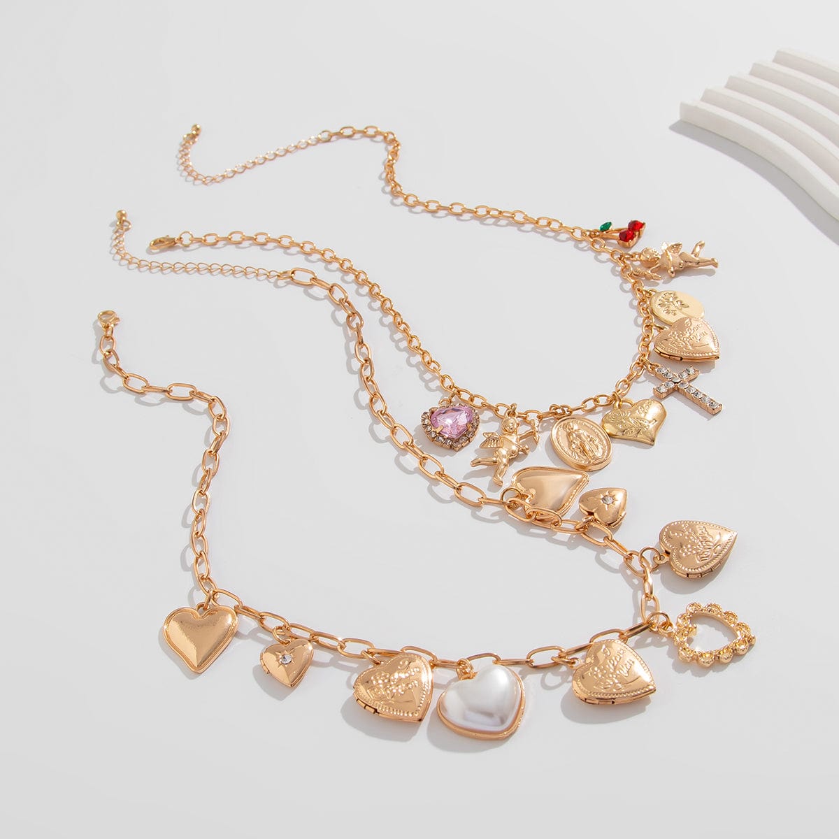 Trendy Layered Rhinestone Pearl Inlaid Heart Cross Pendant Necklace Set - ArtGalleryZen