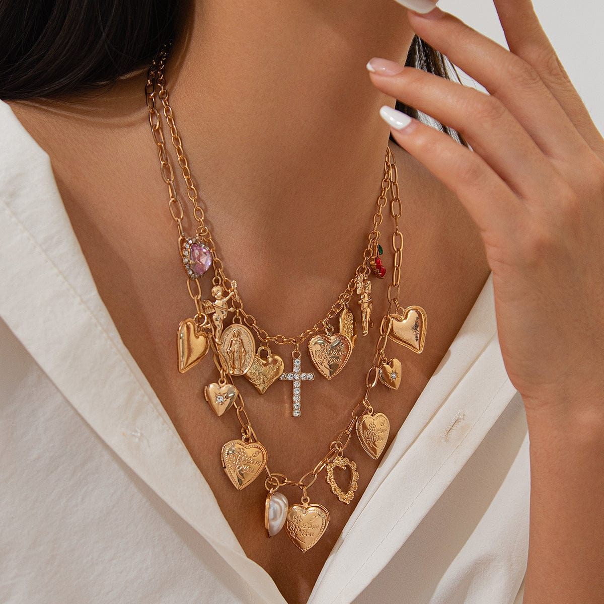 Trendy Layered Rhinestone Pearl Inlaid Heart Cross Pendant Necklace Set - ArtGalleryZen
