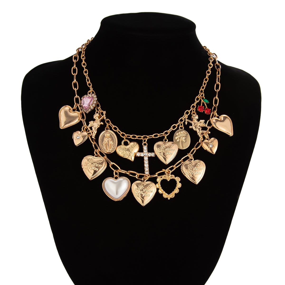 Trendy Layered Rhinestone Pearl Inlaid Heart Cross Pendant Necklace Set - ArtGalleryZen