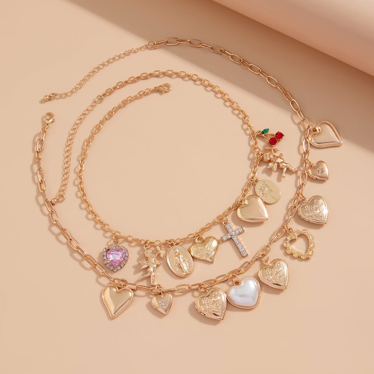 Trendy Layered Rhinestone Pearl Inlaid Heart Cross Pendant Necklace Set