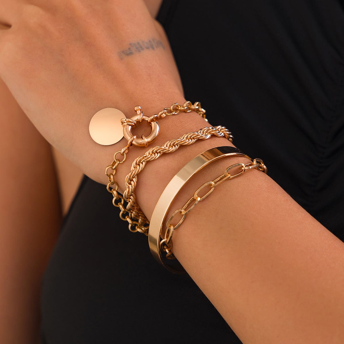 Trendy Layered Round Disk Charm Rope Cable Chain Bracelet Set