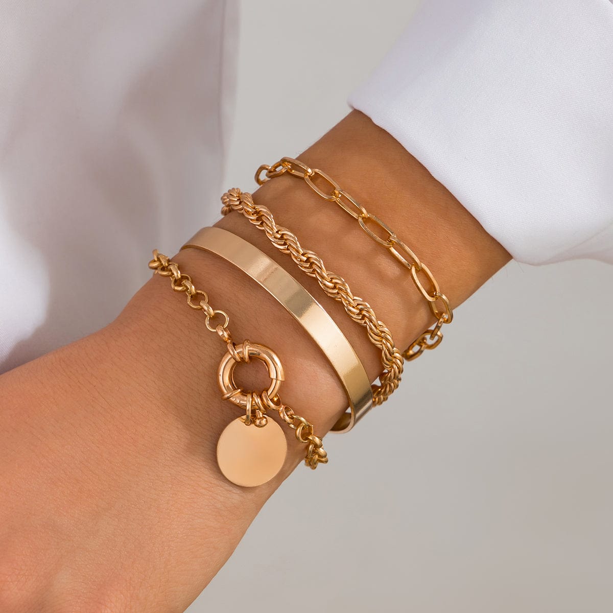 Trendy Layered Round Disk Charm Rope Cable Chain Bracelet Set