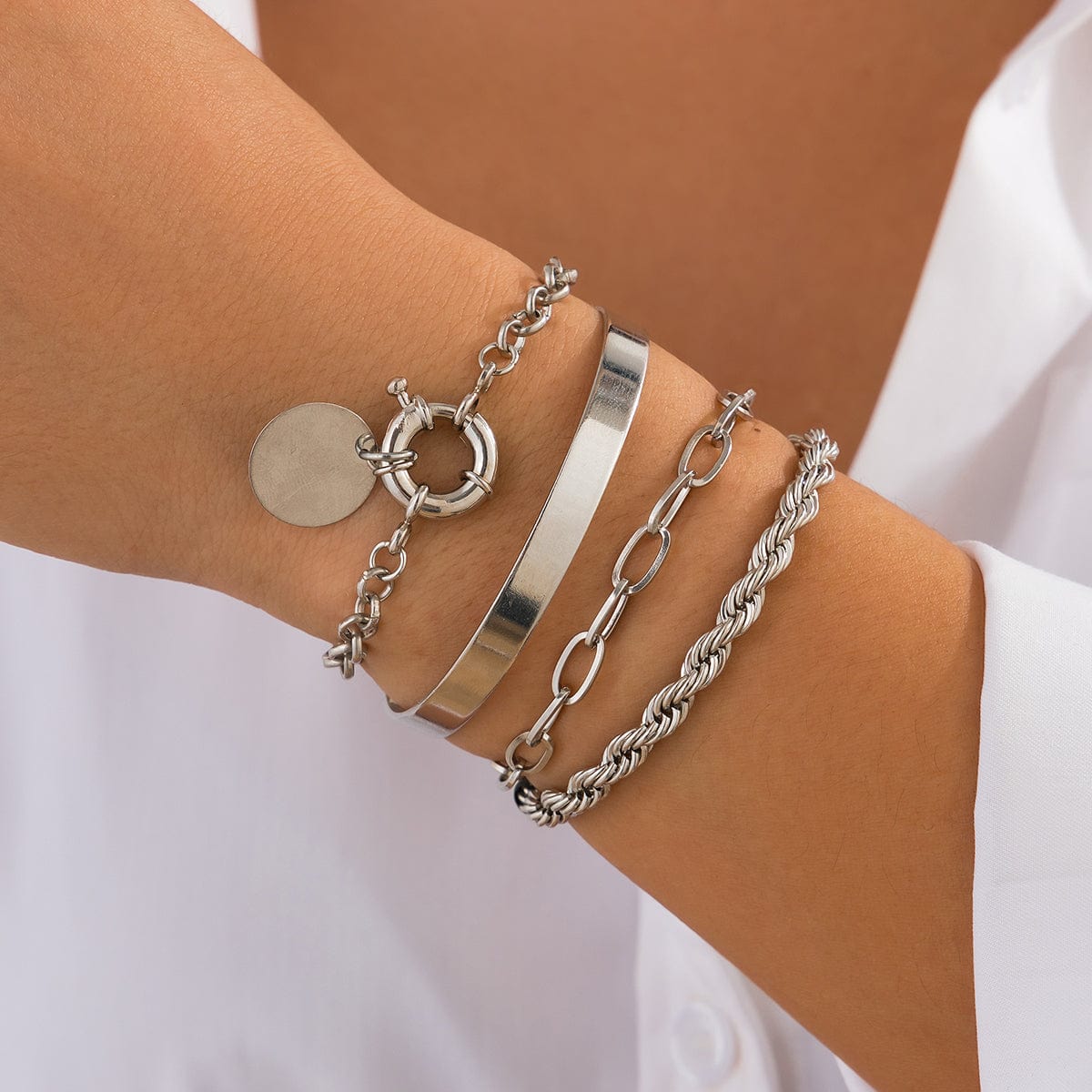 Trendy Layered Round Disk Charm Rope Cable Chain Bracelet Set