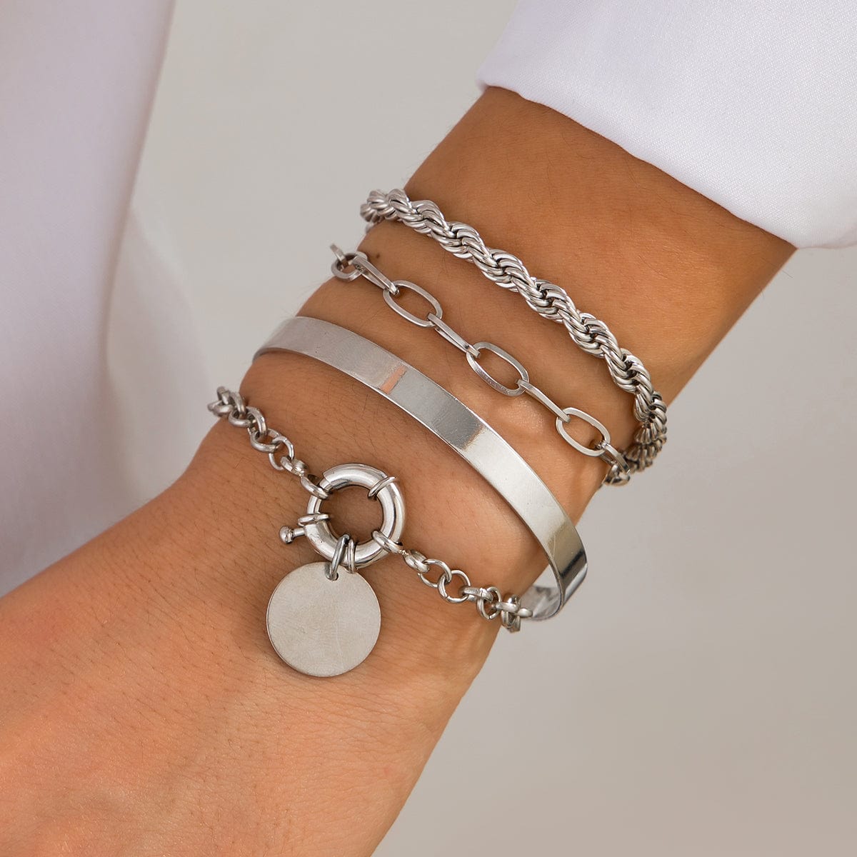 Trendy Layered Round Disk Charm Rope Cable Chain Bracelet Set