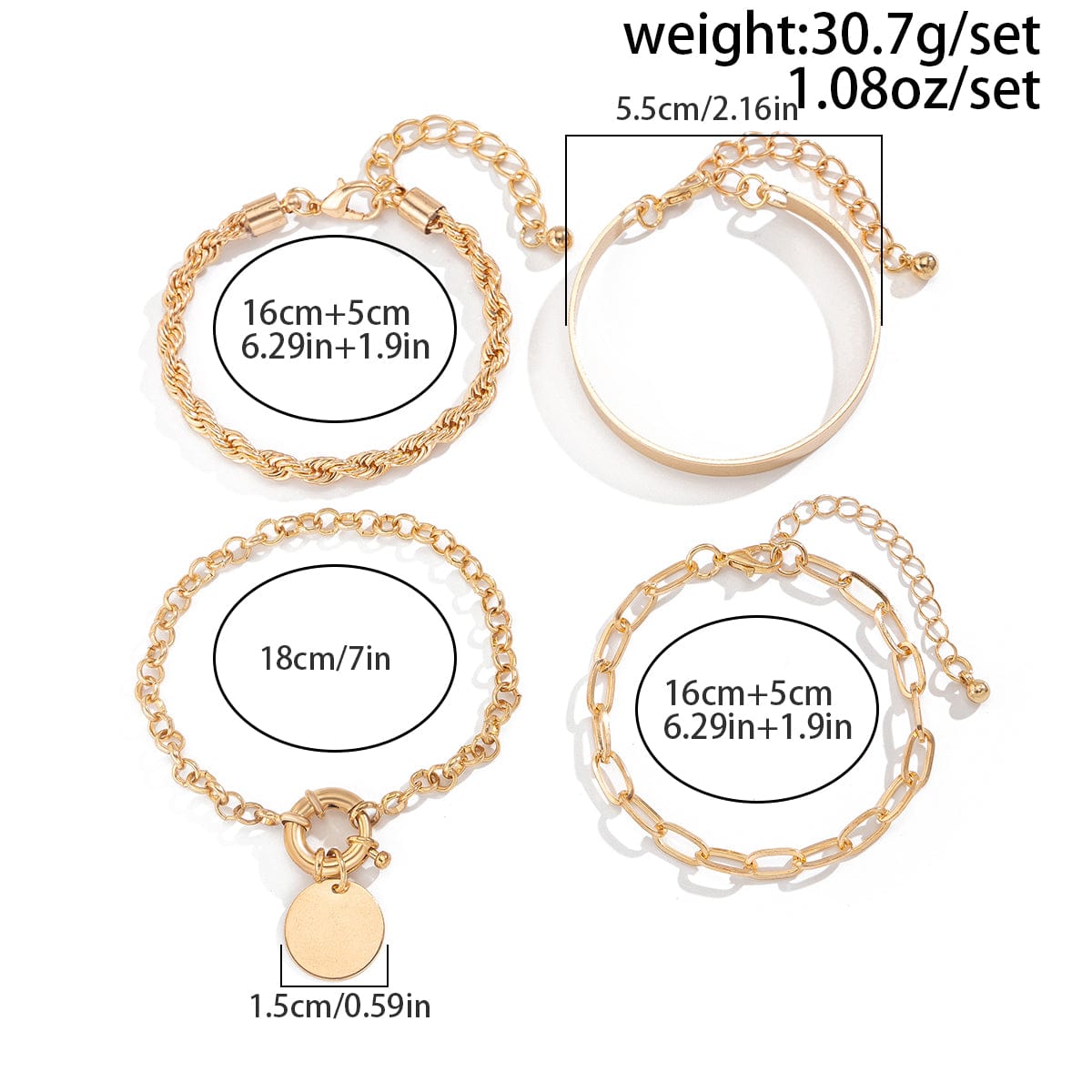 Trendy Layered Round Disk Charm Rope Cable Chain Bracelet Set