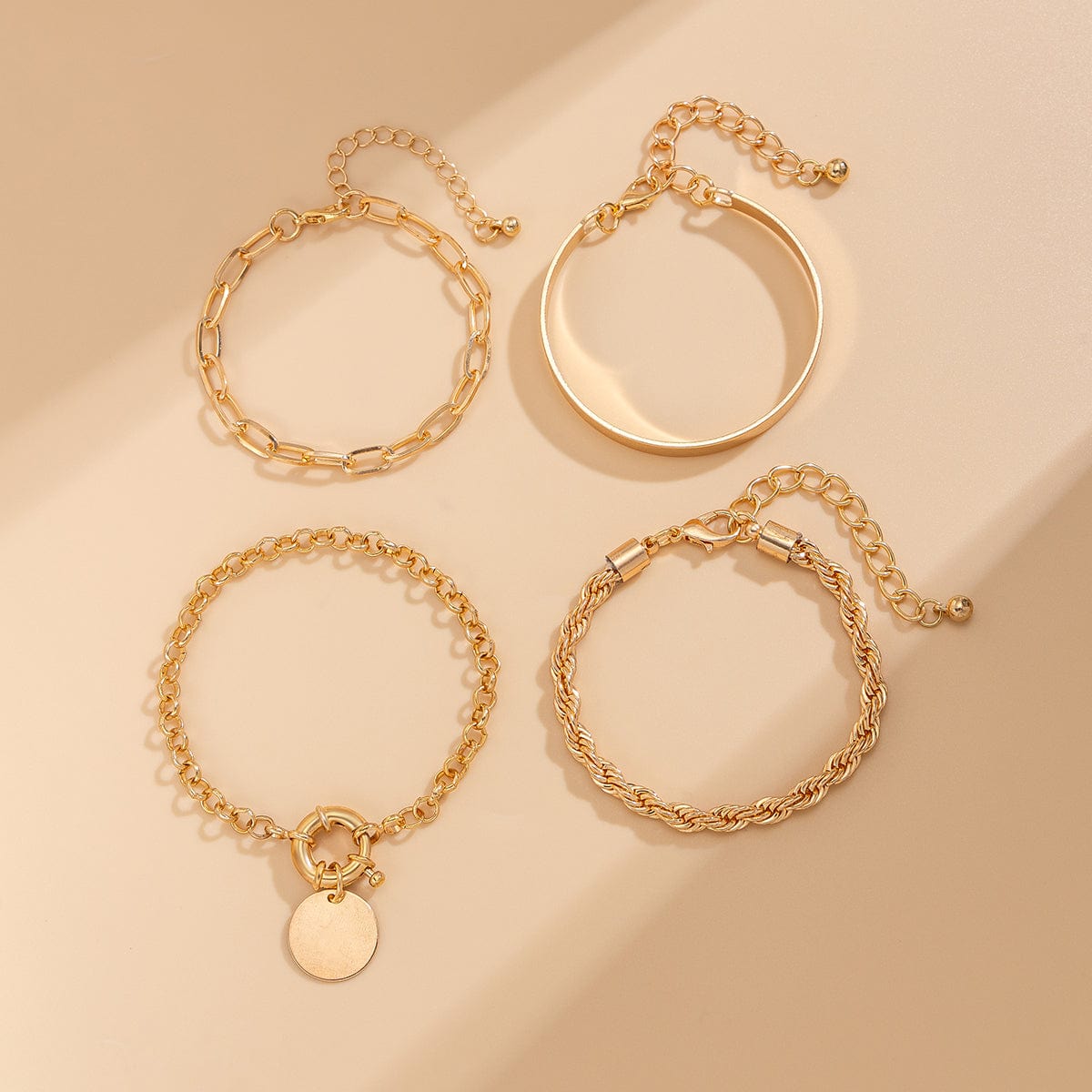 Trendy Layered Round Disk Charm Rope Cable Chain Bracelet Set