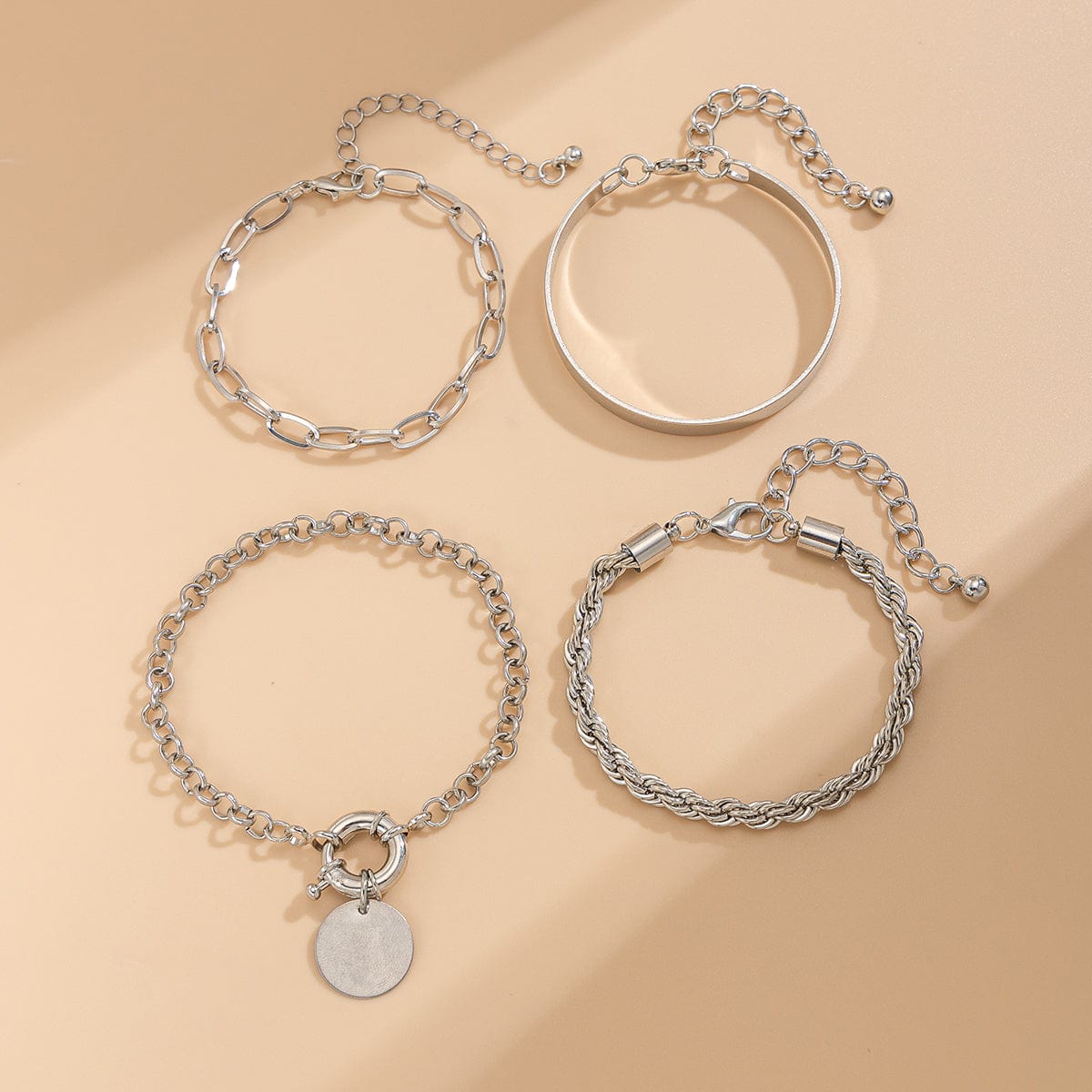 Trendy Layered Round Disk Charm Rope Cable Chain Bracelet Set