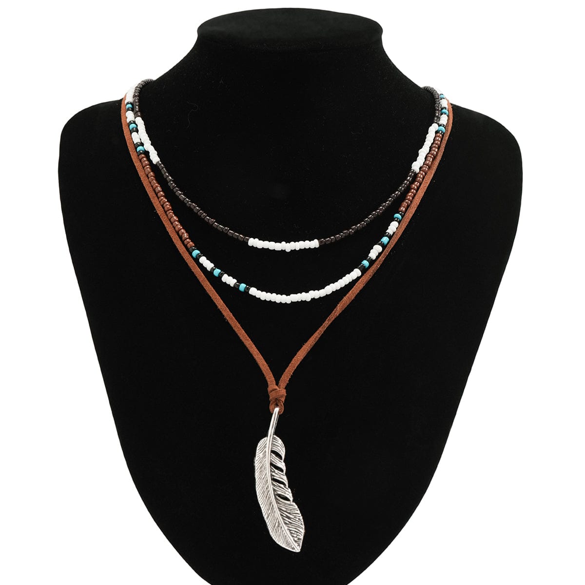 Trendy Layered Seed Bead Leaf Pendant Velvet Necklace Set - ArtGalleryZen