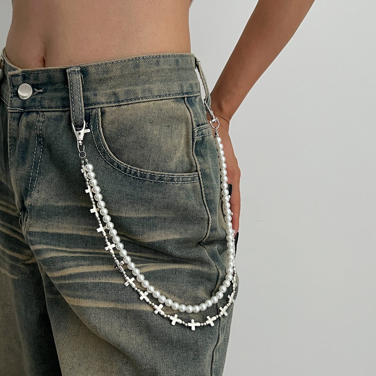 Trendy Layered Silver Tone Cross Pearl Trouser Chain - ArtGalleryZen