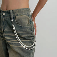 Thumbnail for Trendy Layered Silver Tone Cross Pearl Trouser Chain - ArtGalleryZen