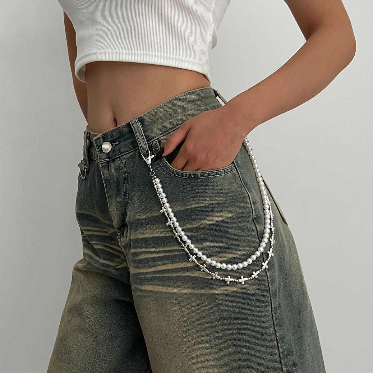 Trendy Layered Silver Tone Cross Pearl Trouser Chain - ArtGalleryZen