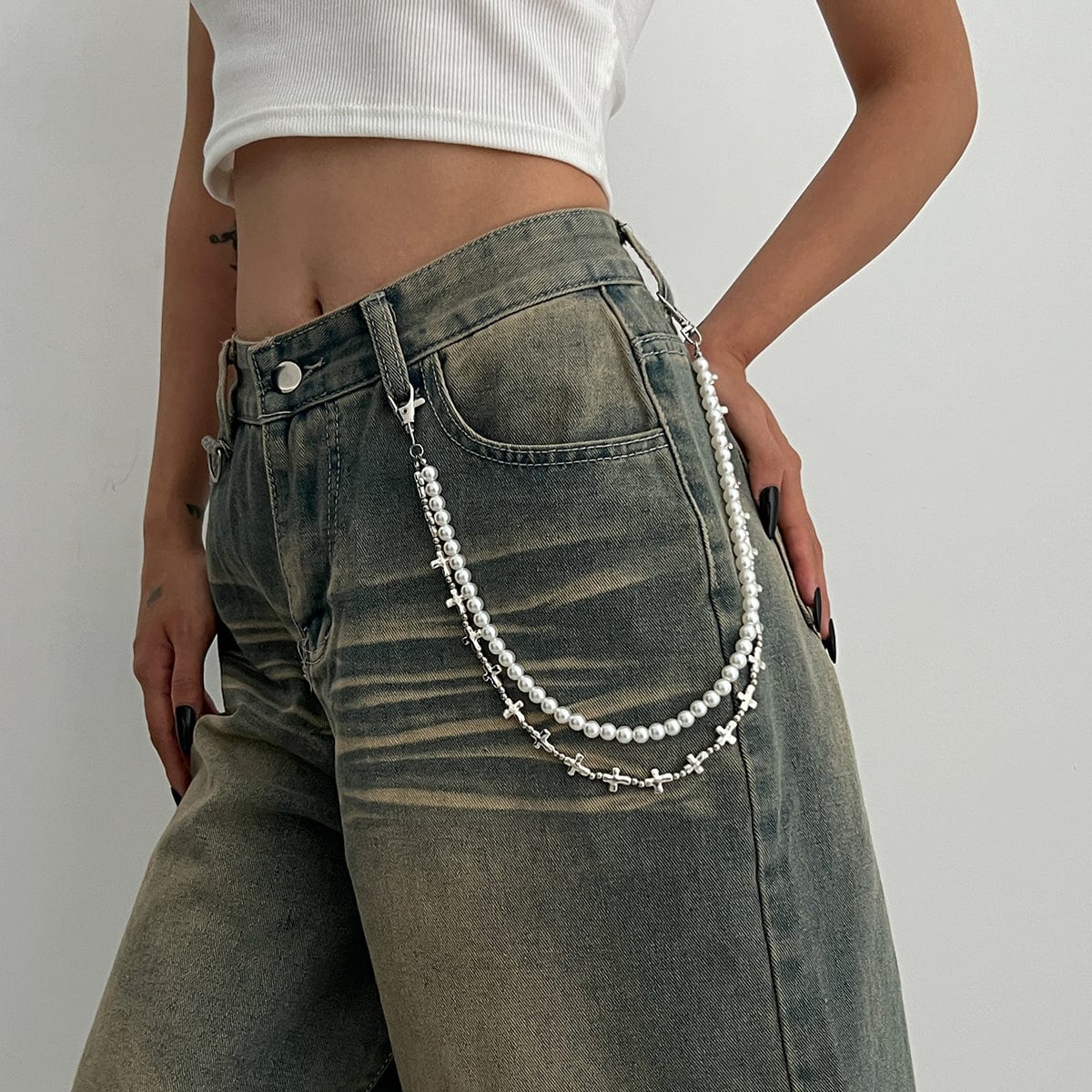 Trendy Layered Silver Tone Cross Pearl Trouser Chain - ArtGalleryZen