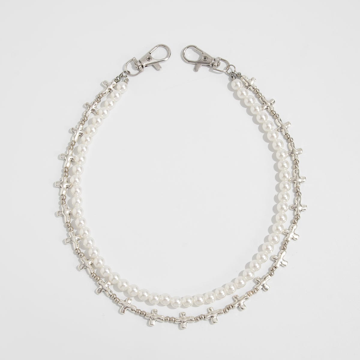 Trendy Layered Silver Tone Cross Pearl Trouser Chain - ArtGalleryZen