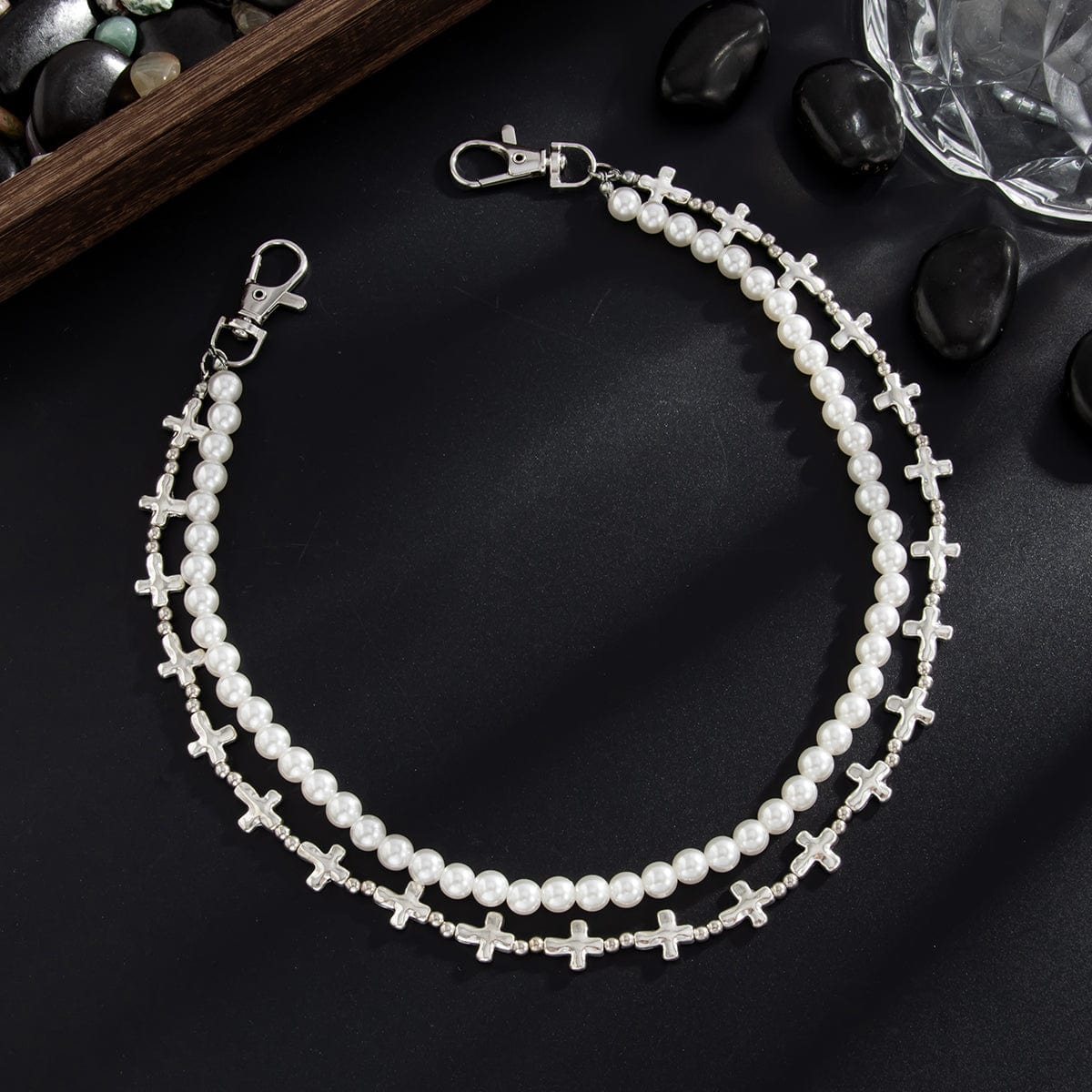 Trendy Layered Silver Tone Cross Pearl Trouser Chain - ArtGalleryZen