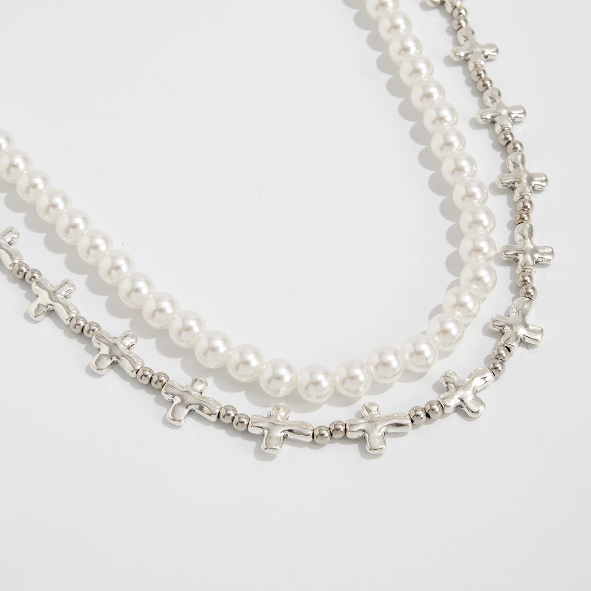 Trendy Layered Silver Tone Cross Pearl Trouser Chain - ArtGalleryZen