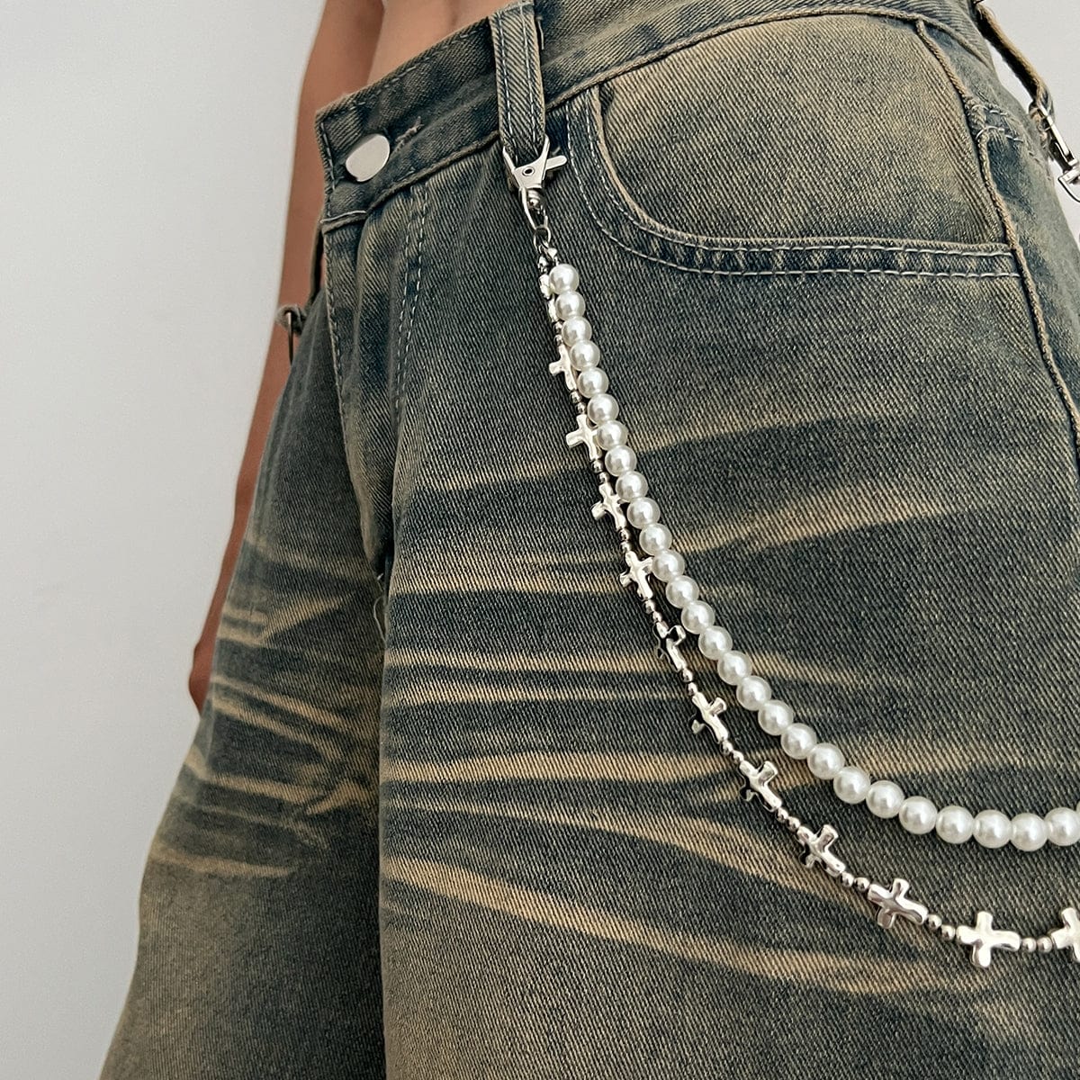 Trendy Layered Silver Tone Cross Pearl Trouser Chain - ArtGalleryZen