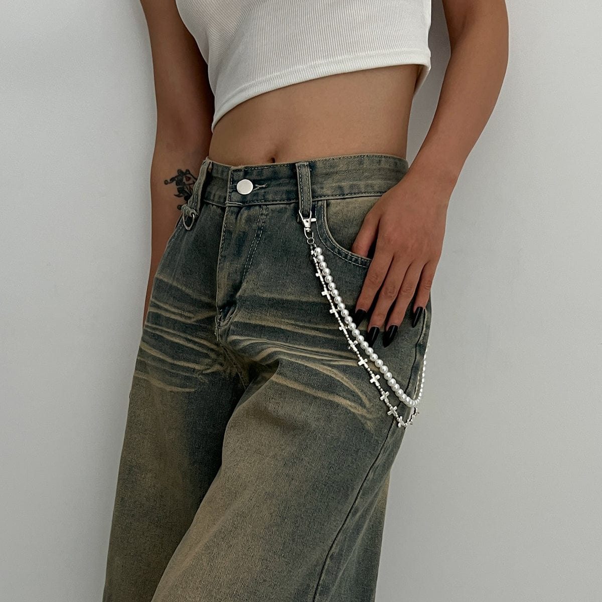 Trendy Layered Silver Tone Cross Pearl Trouser Chain - ArtGalleryZen