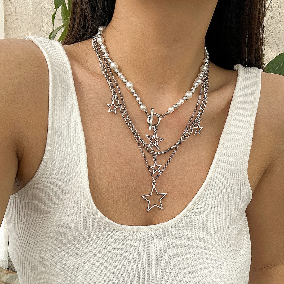 Trendy Layered Star Pendant Pearl Ball Chain Necklace Set - ArtGalleryZen