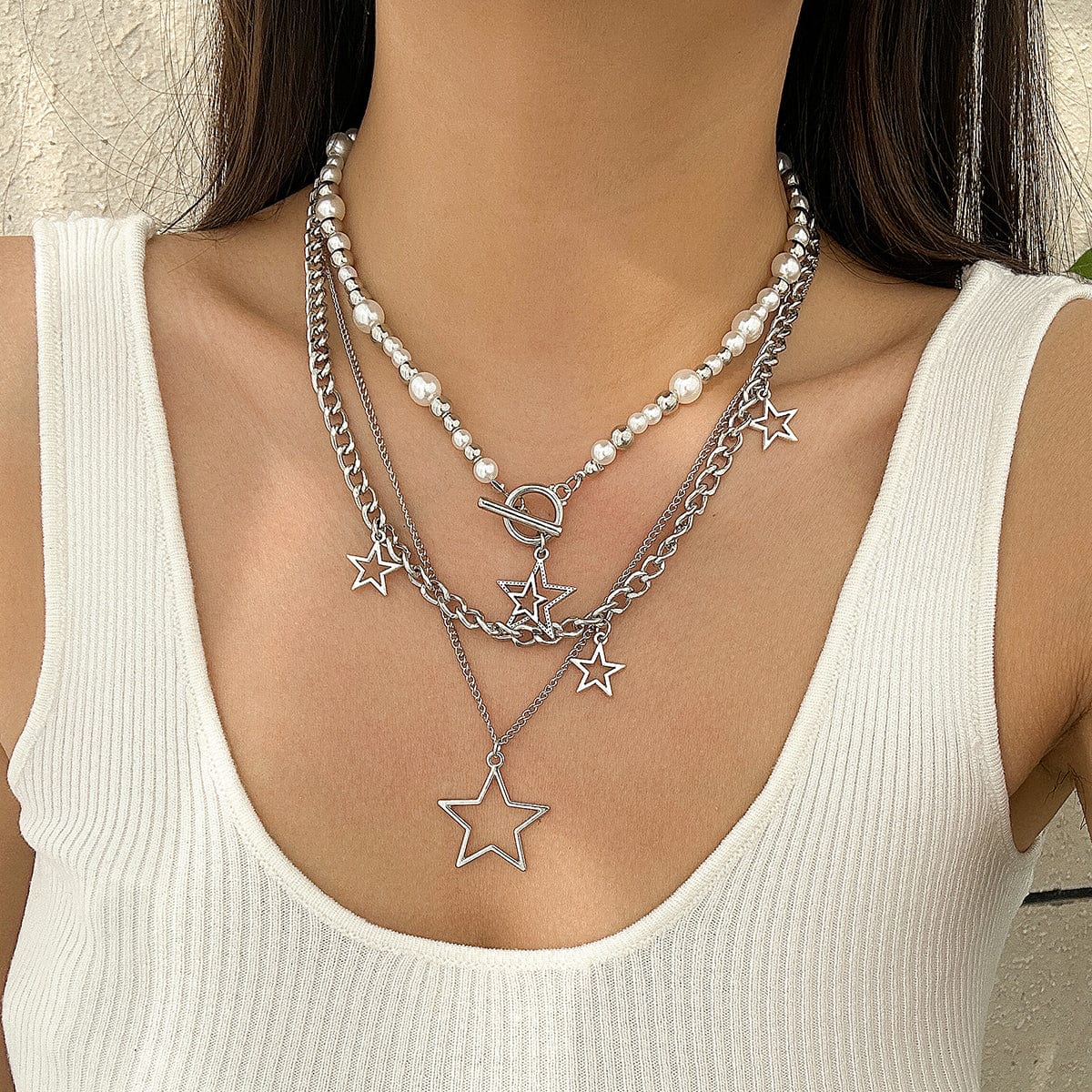 Trendy Layered Star Pendant Pearl Ball Chain Necklace Set - ArtGalleryZen