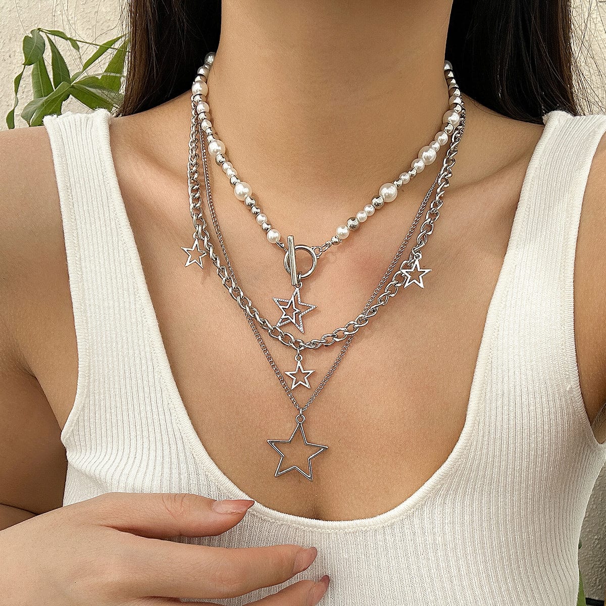 Trendy Layered Star Pendant Pearl Ball Chain Necklace Set - ArtGalleryZen