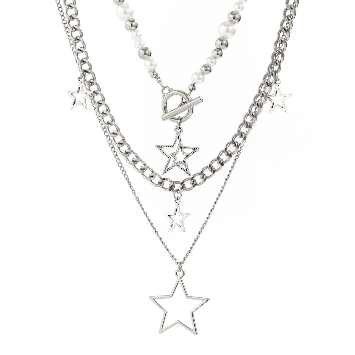 Trendy Layered Star Pendant Pearl Ball Chain Necklace Set - ArtGalleryZen