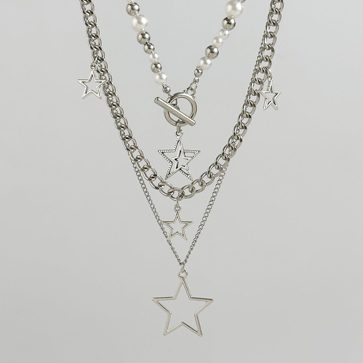 Trendy Layered Star Pendant Pearl Ball Chain Necklace Set - ArtGalleryZen