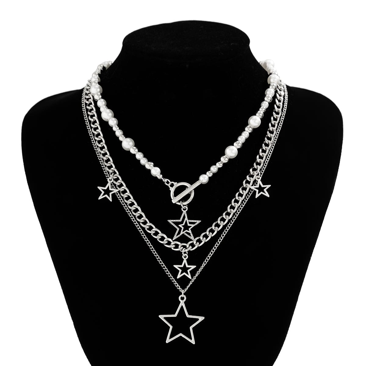 Trendy Layered Star Pendant Pearl Ball Chain Necklace Set - ArtGalleryZen