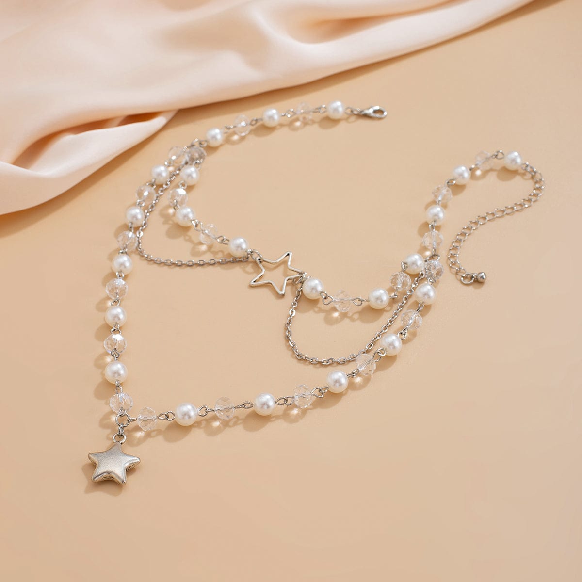Trendy Layered Star Pendant Pearl Crystal Chain Necklace - ArtGalleryZen