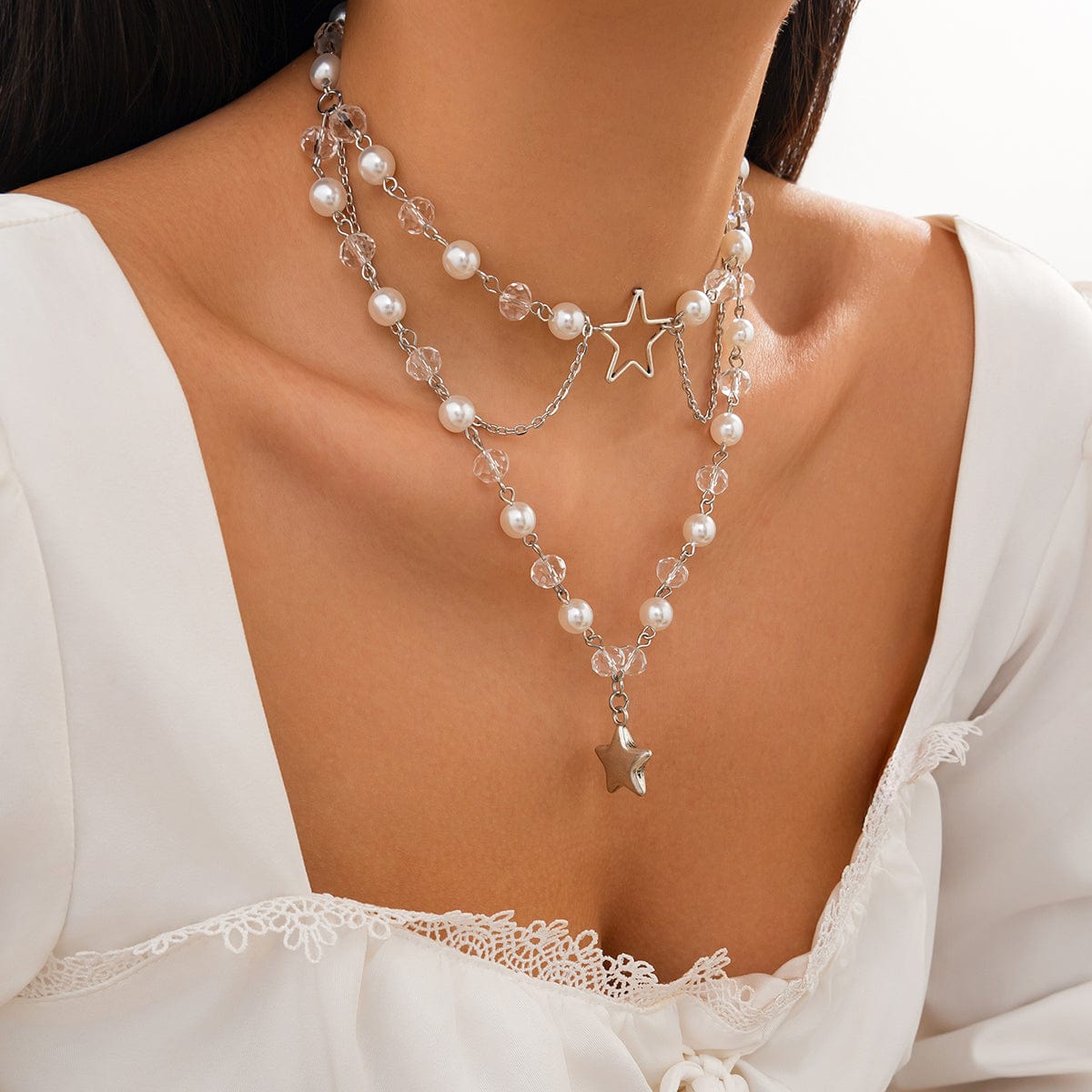 Trendy Layered Star Pendant Pearl Crystal Chain Necklace