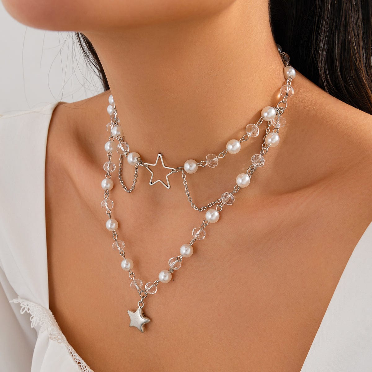 Trendy Layered Star Pendant Pearl Crystal Chain Necklace