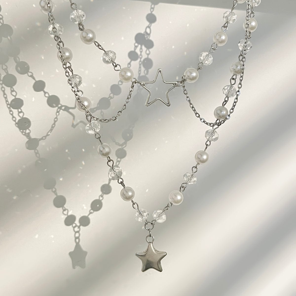 Trendy Layered Star Pendant Pearl Crystal Chain Necklace