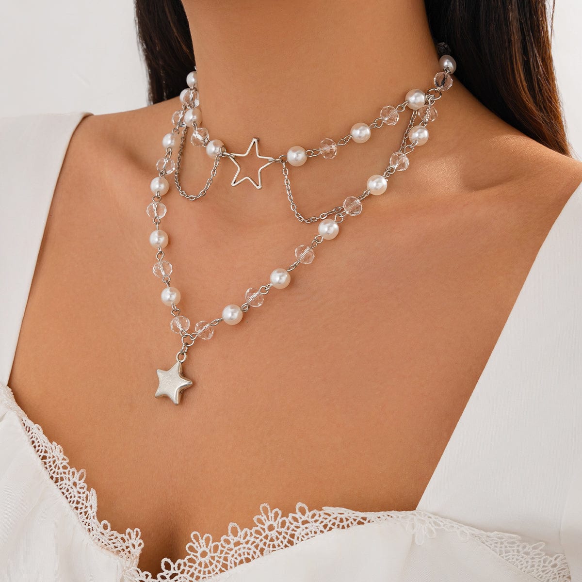 Trendy Layered Star Pendant Pearl Crystal Chain Necklace