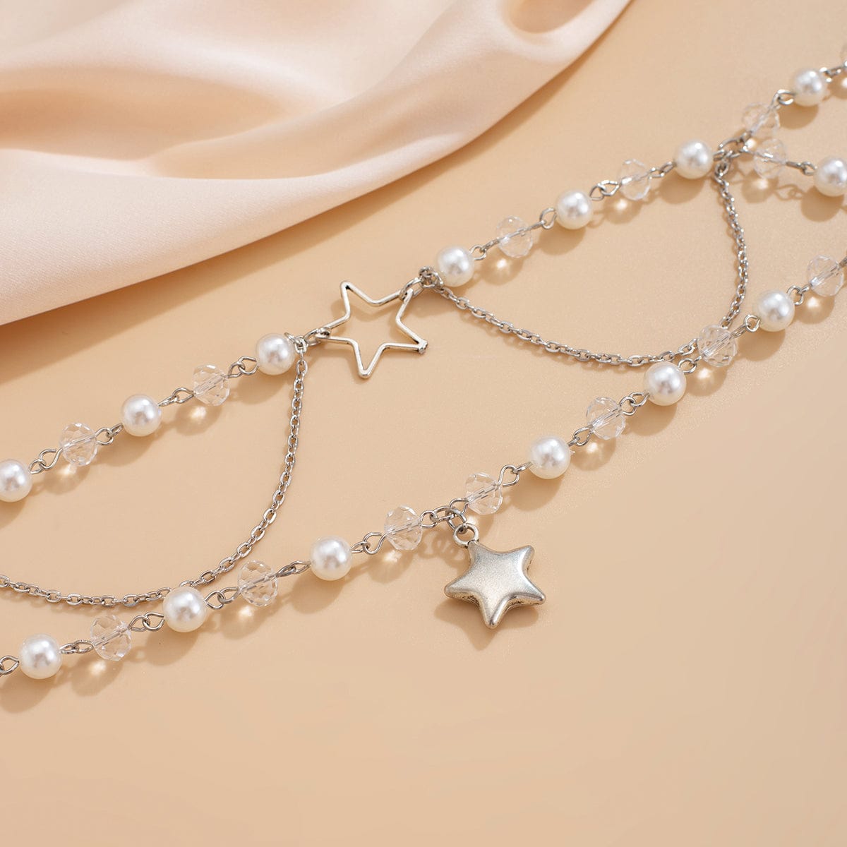 Trendy Layered Star Pendant Pearl Crystal Chain Necklace