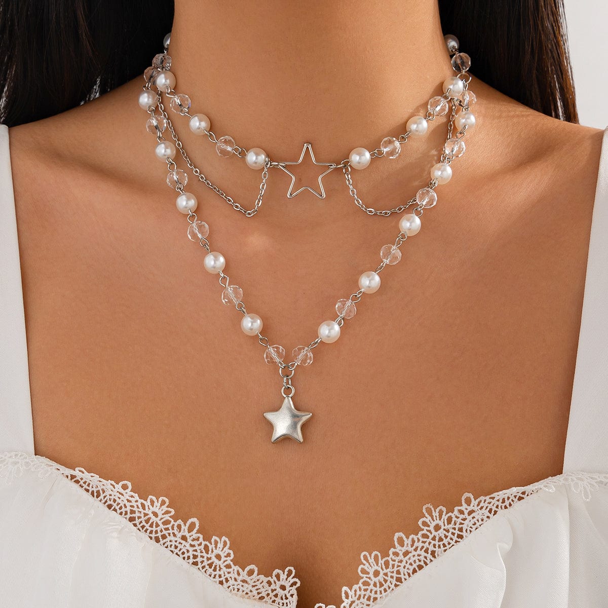 Trendy Layered Star Pendant Pearl Crystal Chain Necklace