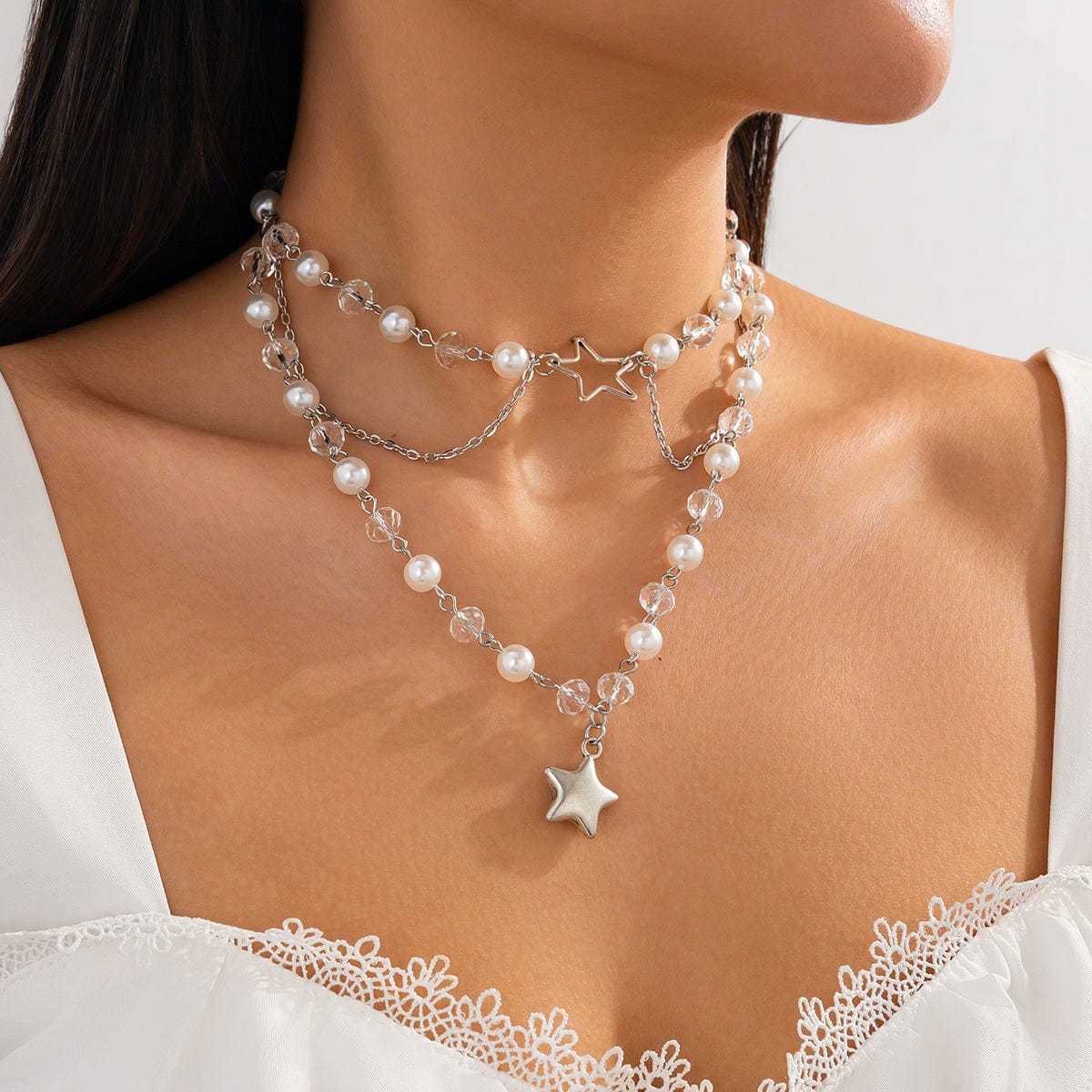 Trendy Layered Star Pendant Pearl Crystal Chain Necklace