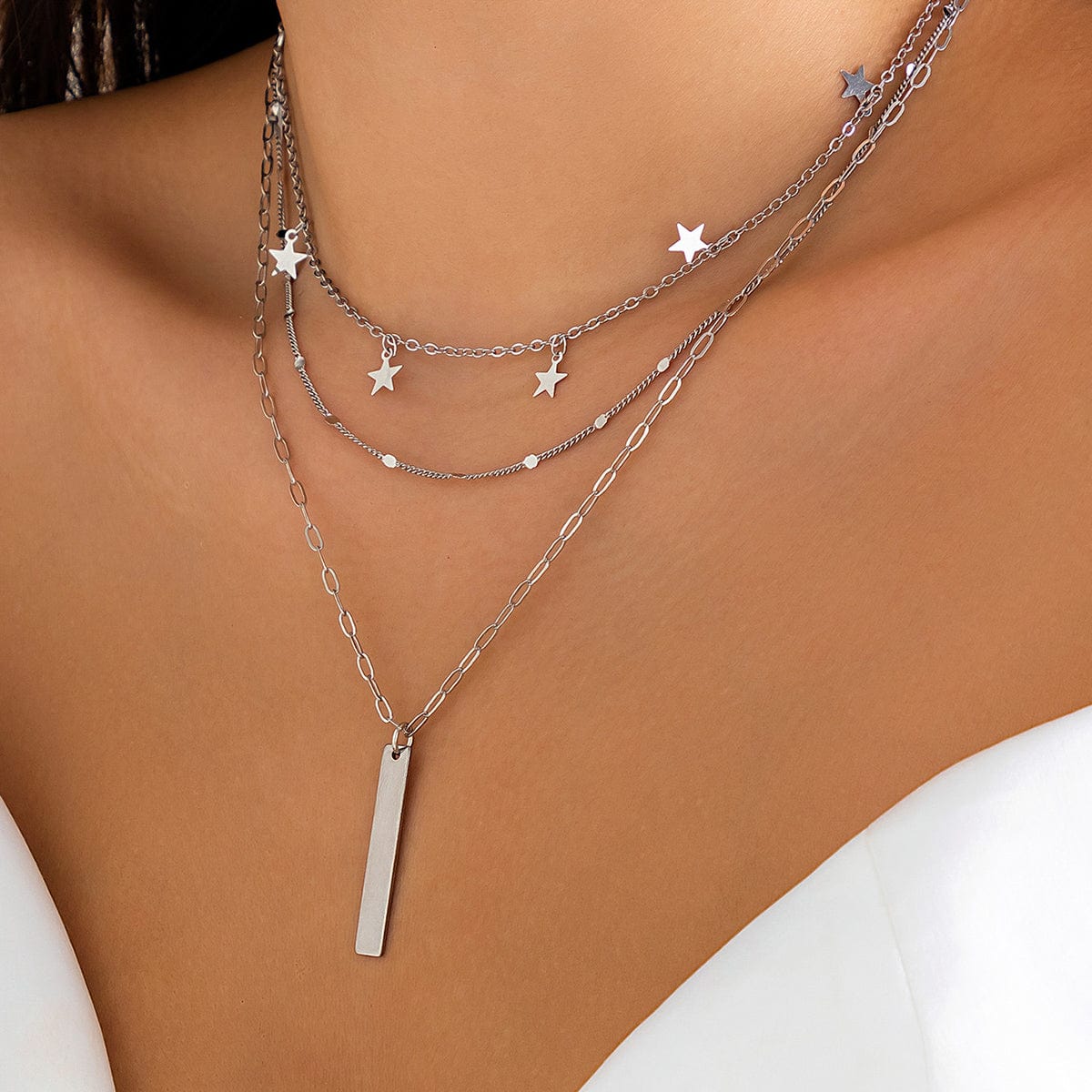 Trendy Layered Star Tassel Bar Pendant Cable Chain Necklace Set - ArtGalleryZen