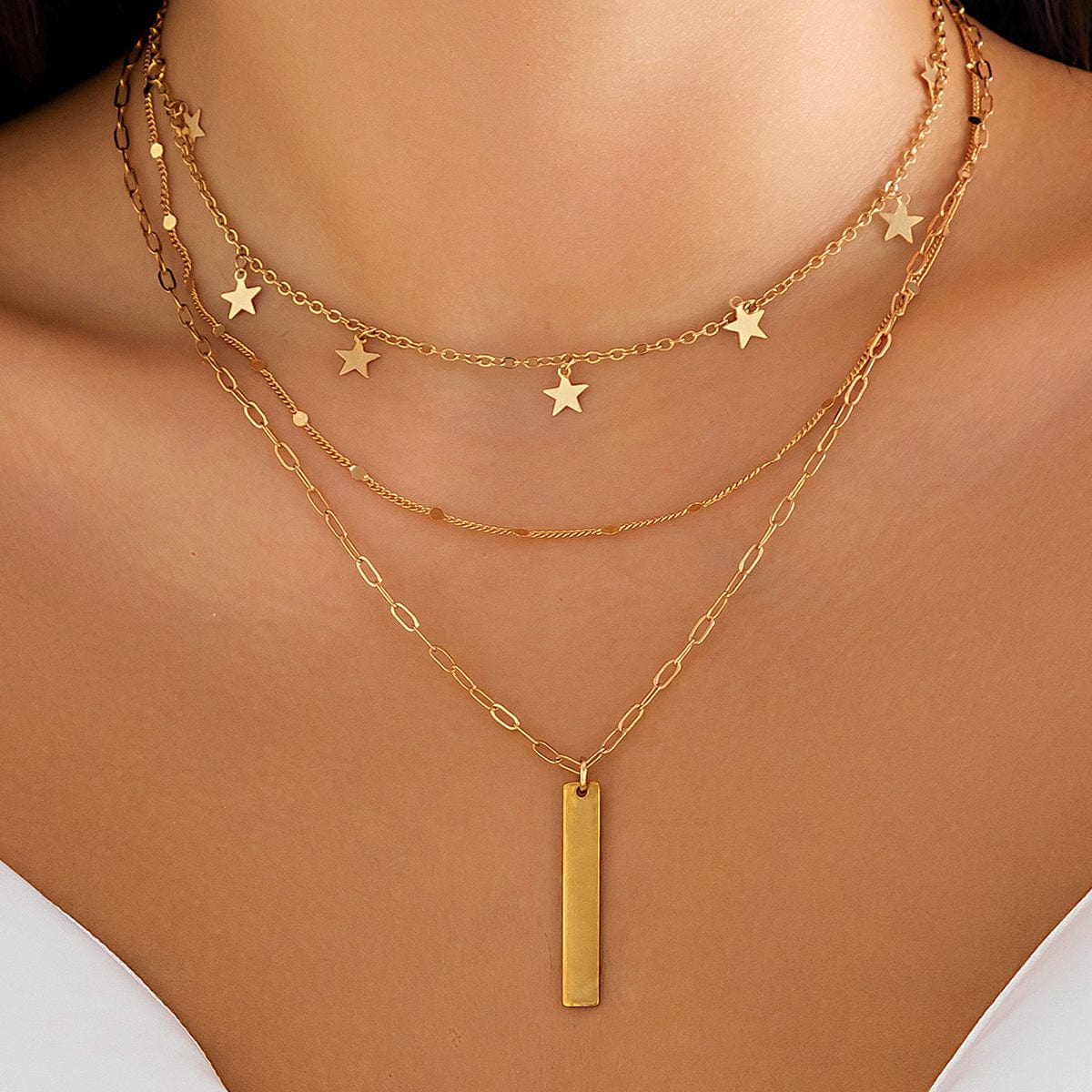 Trendy Layered Star Tassel Bar Pendant Cable Chain Necklace Set - ArtGalleryZen