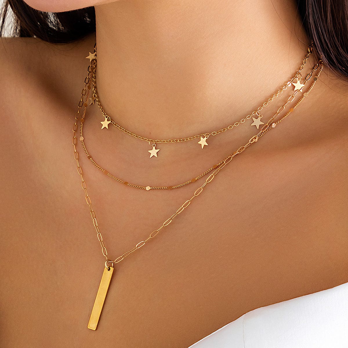 Trendy Layered Star Tassel Bar Pendant Cable Chain Necklace Set - ArtGalleryZen