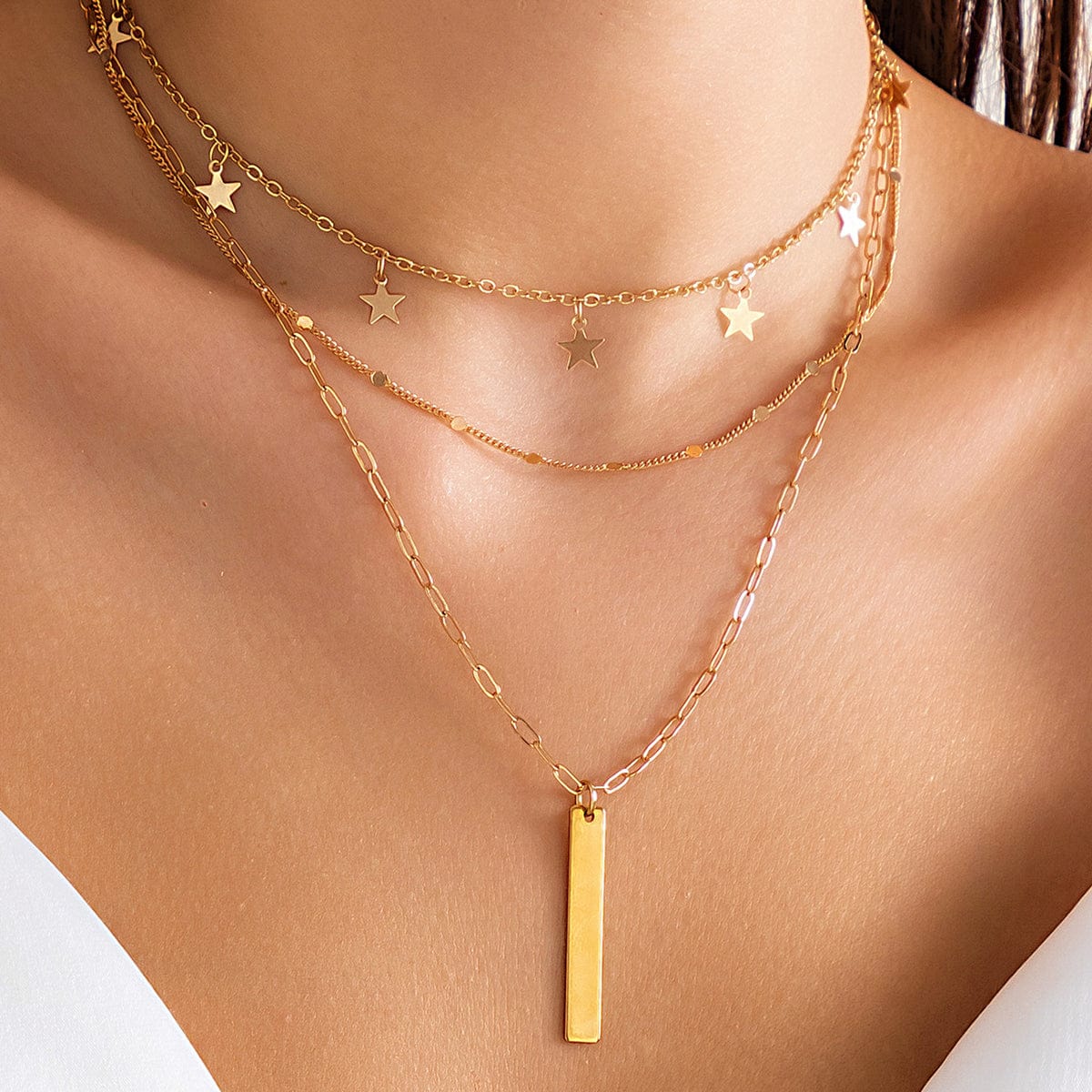 Trendy Layered Star Tassel Bar Pendant Cable Chain Necklace Set - ArtGalleryZen